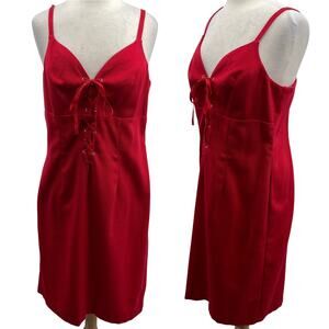 Vintage 90s Lace up Bustier Mini Dress Woven Sheath Cotton Blend Red Womens 12